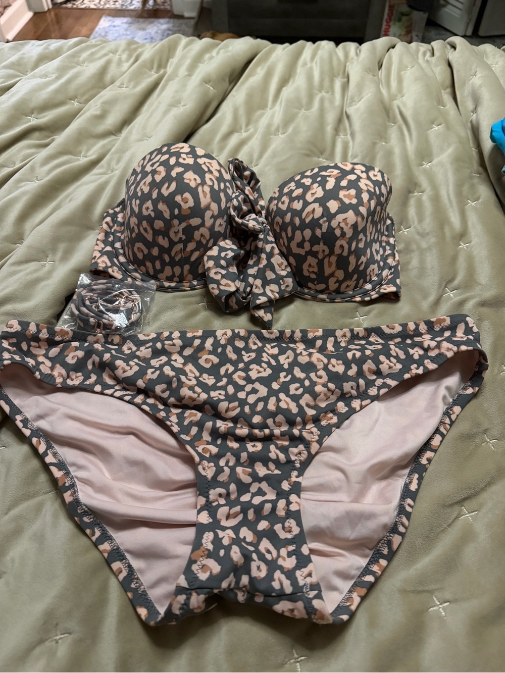 Shade & Shore Leopard Print Strapless Bikini Set in Gray and Tan large